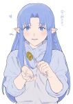  1girl alternate_costume artist_name blue_eyes blue_hair blue_nails blush cowboy_shot fate/stay_night fate_(series) feeding food_request grey_shirt hal_(haaaalhal) heart highres long_hair looking_at_viewer medea_(fate) pointy_ears shirt smile solo sweater translation_request turtleneck turtleneck_sweater white_background 