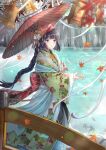  1girl autumn_leaves braid bridge brown_eyes commentary_request day hanging_lantern holding holding_umbrella japanese_clothes kimono kusunokinawate lantern leaf long_hair maple_leaf oil-paper_umbrella original outdoors revision solo standing umbrella water wide_sleeves 