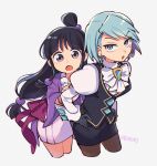  2girls :o ace_attorney bangs black_hair blue_eyes commentary_request eyebrows_visible_through_hair franziska_von_karma gloves highres long_hair long_sleeves looking_at_viewer maya_fey mole mole_under_eye multiple_girls nono_(norabi) pantyhose purple_eyes short_hair simple_background swept_bangs twitter_username 