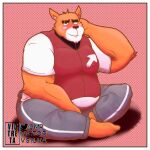  1:1 2022 anthro belly blush border bottomwear canid canine canis clothing domestic_dog hi_res male mammal mr_victorvsilva orange_body overweight overweight_male pants rorik_(the_human_heart) shirt sitting solo the_human_heart_(game) topwear video_games visual_novel white_border 