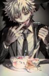  1boy artist_name bangs birthday blue_eyes boku_no_hero_academia burn_scar cake candle dabi_(boku_no_hero_academia) ear_piercing food formal icing kadeart knife licking licking_finger looking_at_viewer male_focus multiple_piercings nose_piercing open_mouth piercing scar scar_on_arm scar_on_chest scar_on_face short_hair smile solo spiked_hair stapled stitches string_of_flags suit tongue tongue_out white_hair 