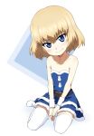  1girl bangs bare_shoulders belt black_belt blonde_hair blue_dress blue_eyes blue_santa_costume blush bob_cut christmas closed_mouth commentary dress eyebrows_visible_through_hair fang fur_cuffs girls_und_panzer hands_on_lap katyusha_(girls_und_panzer) kayabakoro layered_dress looking_at_viewer santa_costume santa_dress short_dress short_hair sitting smile snowman_print solo strapless strapless_dress thighhighs white_background white_legwear yokozuwari 