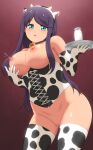  1girl animal_ears animal_print anime_coloring bell blush breasts capitan_(tsyoujo) cleft_of_venus corset cow_ears cow_horns cow_print cowbell elbow_gloves eyebrows_visible_through_hair fake_animal_ears fake_horns gloves green_eyes hairband highres horns lactation large_breasts long_hair looking_at_viewer nipples original purple_hair pussy pussy_juice solo thighhighs tray uncensored 