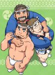  3boys arm_around_shoulder arm_hair bara belly brown_hair bulge buzz_cut chest_hair clothing_aside dark-skinned_male dark_skin facial_hair foreshortening from_above full_body fundoshi fundoshi_aside goatee hachimaki hand_on_another&#039;s_arm happi headband japanese_clothes leg_hair light_blush looking_at_viewer male_focus mature_male multiple_boys muscular muscular_male mustache navel navel_hair nipples original pectoral_cleavage pectorals plump short_hair sideburns socks stomach suv thighs topless_male very_short_hair 