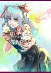 1girl absurdres alternate_costume bangs bare_arms bare_shoulders black_dress blue_eyes blue_hair cowboy_shot dress eyebrows_visible_through_hair food green_background hair_ribbon heterochromia highres holding ice_cream ice_cream_cone kyuuba_melo leaning_forward long_hair looking_at_viewer multicolored_background red_eyes red_ribbon ribbon shiny shiny_hair short_hair smile solo tokyo_ghoul tokyo_ghoul:re twintails yellow_background yonebayashi_saiko 