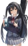  1girl absurdres bangs black_hair black_jacket collared_shirt commentary_request copyright_request cowboy_shot cup drinking_straw hair_between_eyes highres holding holding_cup holding_strap instrument_case jacket k-on! long_hair looking_at_viewer nakano_azusa neck_ribbon parted_lips pleated_skirt ribbon school_uniform shirt simple_background skirt solo standing superpig twintails very_long_hair white_background 