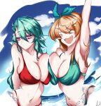  &gt;_&lt; 2girls alternate_breast_size armpits asymmetrical_docking bikini breast_press breasts butterfly_hair_ornament cleavage english_commentary eyebrows_visible_through_hair finana_ryugu green_bikini green_ribbon hair_ornament hair_ribbon head_fins highres large_breasts leon_decarabia long_hair looking_to_the_side midriff mole mole_on_breast multiple_girls navel nijisanji nijisanji_en pointy_ears pomu_rainpuff red_bikini ribbon smile swimsuit virtual_youtuber 