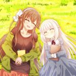  .live 2girls animal_ears blush breasts brown_hair casual closed_eyes collarbone commentary_request grass headband highres jacket large_breasts lying merry_milk multiple_girls notebook silver_hair soiru virtual_youtuber yaezawa_natori 