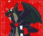  2016 anthro blazing_dragons clothed clothing dragon eyebrows grey_body male mechanicalowl red_background scalie signature simple_background solo the_chancellor wings 