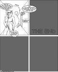  2003 anthro biped bulge canid canine canis clothed clothing comic dci dialogue digital_drawing_(artwork) digital_media_(artwork) duo english_text entrapment greyscale laboratory male mammal mink monochrome mustelid musteline speech_bubble text true_musteline wolf 