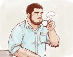  1boy :o arm_hair bara beard blowing collared_shirt cup facial_hair holding holding_cup male_focus mature_male muscular muscular_male original shirt short_hair sideburns sleeves_rolled_up solo steam suv thick_eyebrows unfinished 
