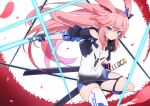  1girl animal_ears bangs black_jacket blue_gloves blue_shorts closed_mouth fox_ears gloves hair_between_eyes hair_ornament holding holding_sword holding_weapon honkai_(series) honkai_impact_3rd jacket katana lo_xueming long_hair looking_at_viewer petals pink_hair purple_eyes see-through_shirt sheath sheathed shirt shorts simple_background single_glove single_thighhigh sleeves_past_elbows solo sword thighhighs weapon white_background white_legwear white_shirt yae_sakura yae_sakura_(goushinnso_memento) 