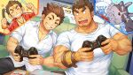  4boys abs animal_ears bara belt blush brown_hair chest_hair controller couch covered_abs extra_ears facial_hair furry furry_male game_console game_controller goatee gozu_farm grin hanuman_(housamo) kengo_(housamo) large_pectorals long_sideburns male_focus multiple_boys muscular muscular_male o_o official_art pectoral_cleavage pectorals plump protagonist_(f-kare) shirt short_hair sideburns smile stubble thick_eyebrows tokyo_afterschool_summoners tsathoggua_(housamo) tusks white_shirt wolf_ears 