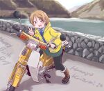  1girl bangs birthday boots brown_hair character_name commentary_request english_text eyebrows_visible_through_hair ground_vehicle happy_birthday highres jacket koizumi_hanayo looking_at_viewer love_live! love_live!_school_idol_project maruyo motor_vehicle motorcycle purple_eyes short_hair solo v 