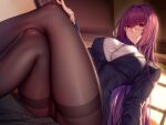  1boy 1girl bespectacled black_skirt breasts button_gap buttons classroom collared_shirt crossed_legs desk dress_shirt fate/empire_of_dirt fate/grand_order fate_(series) formal frown game_cg girl_on_top glasses hair_intakes long_hair lun7732 pantyhose purple_hair red_eyes scathach_(fate) school shirt skirt skirt_suit solo_focus suit taut_clothes taut_shirt teacher thighband_pantyhose very_long_hair 