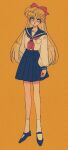  1girl aino_minako arm_behind_back bishoujo_senshi_sailor_moon blonde_hair blue_eyes blue_sailor_collar blue_skirt bow commentary_request earrings eyebrows_visible_through_hair film_grain full_body hair_bow jewelry juuban_middle_school_uniform long_hair long_sleeves looking_at_viewer neckerchief pikurusu pleated_skirt red_bow red_neckerchief sailor_collar school_uniform serafuku shirt shoes simple_background skirt socks solo white_legwear white_shirt 