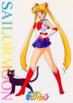  1990s_(style) back_bow bishoujo_senshi_sailor_moon black_cat blonde_hair blue_eyes blue_sailor_collar blue_skirt bow cat copyright_name double_bun elbow_gloves gloves kneehighs leotard logo long_hair looking_at_viewer luna_(sailor_moon) magical_girl miniskirt non-web_source official_art open_mouth pink_footwear pleated_skirt retro_artstyle sailor_collar sailor_moon sailor_senshi simple_background skirt standing tiara tsukino_usagi twintails very_long_hair white_background 