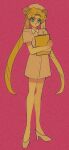  1girl bishoujo_senshi_sailor_moon blonde_hair blue_eyes clipboard commentary_request double_bun earrings eyebrows_visible_through_hair film_grain full_body hat holding holding_clipboard jewelry long_hair looking_at_viewer nurse nurse_cap pikurusu shoes simple_background solo tsukino_usagi twintails very_long_hair 