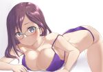  1girl aimobake bangs blush bra breasts brown_hair cleavage closed_mouth commentary frown glasses gradient gradient_background grey-framed_eyewear grey_eyes highres idolmaster idolmaster_cinderella_girls lace-trimmed_bra lace_trim large_breasts looking_at_viewer medium_hair panties purple_bra purple_panties solo strap_slip swept_bangs top-down_bottom-up underwear underwear_only white_background yagami_makino 