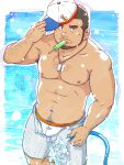  1boy arm_hair bara baseball_cap beard blush bulge chest_hair facial_hair feet_out_of_frame food from_above grey_shorts hat holding holding_clothes holding_hat holding_hose hose ice_cream looking_at_viewer male_focus male_swimwear male_underwear male_underwear_peek mature_male muscular muscular_male navel navel_hair nipples open_fly original pectorals popsicle_in_mouth seductive_smile short_hair shorts smile solo stomach suv swim_trunks thick_eyebrows topless_male underwear white_male_underwear 