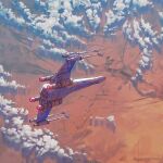  cloud flying highres no_humans science_fiction solo space_craft space_gooose star_wars starfighter t-65_x-wing thrusters twitter_username vehicle_focus x-wing 
