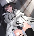  1girl :d anchor_symbol ass_visible_through_thighs asymmetrical_legwear azur_lane bangs black_gloves black_hair black_legwear black_panties breasts cameltoe coat commentary_request dress dutch_angle eyebrows_visible_through_hair fang fur-trimmed_coat fur_hat fur_trim gloves hat highres lace-trimmed_panties lace_trim long_hair long_sleeves looking_at_viewer medium_breasts one_side_up open_clothes open_coat pamiat_merkuria_(azur_lane) panties peaked_cap red_eyes siera_(sieracitrus) skindentation sleeves_past_wrists smile solo thigh_strap thighhighs underwear very_long_hair white_coat white_dress white_headwear wide_sleeves 