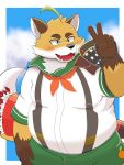  2022 anthro belly black_nose blush canid canine clothing fox green_eyes hi_res humanoid_hands inugamihito iyo_(tamacolle) kemono male mammal overweight overweight_male shirt solo suspenders tamacolle topwear 