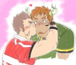  2boys american_football_uniform animal_ears bara blush brown_eyes brown_hair couple cow_boy cow_ears cow_horns cropped_torso dark-skinned_male dark_skin facial_hair fiery_horns forked_eyebrows goatee green_shirt gunzo_(housamo) horns katoributa_a kiss kissing_cheek male_focus multiple_boys muscular muscular_male nose_blush rugby_uniform shirt short_hair sideburns sketch spiked_hair sportswear thick_eyebrows tokyo_afterschool_summoners wakan_tanka yaoi 