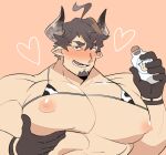  1boy alternate_pectoral_size animal_print bad_id bad_twitter_id bara barawa bare_pectorals blush bottle bra brown_eyes brown_hair come_hither cow_boy cow_print draph facial_hair gloves goatee granblue_fantasy holding holding_bottle horns large_pectorals looking_at_viewer male_focus manboobs mature_male milk_bottle muscular muscular_male nipples nose_blush pectoral_focus pectoral_lift pectorals pointy_ears print_bra saturday_(hokawazu) seductive_smile short_hair sideburns smile solo sweatdrop thick_eyebrows underwear upper_body 