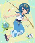  1girl blue_eyes blue_hair blue_pants blue_sailor_collar bright_pupils capri_pants commentary_request dewpider fishing_rod flip-flops full_body hairband holding holding_fishing_rod kurochiroko lana_(pokemon) looking_at_viewer no_sclera one-piece_swimsuit pants poke_ball poke_ball_(basic) pokemon pokemon_(creature) pokemon_(game) pokemon_sm sailor_collar sandals shirt short_hair sleeveless sleeveless_shirt swimsuit swimsuit_under_clothes wave_print white_pupils white_shirt wishiwashi wishiwashi_(solo) yellow_hairband 