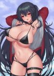  1girl :p ahoge armpits arms_behind_head arms_up ass_visible_through_thighs azur_lane bangs bare_shoulders bikini black_bikini black_choker black_hair black_legwear blush breasts choker cleavage collarbone commentary covered_nipples cowboy_shot crossed_bangs eyebrows_visible_through_hair groin hair_between_eyes highleg highleg_bikini highres jacket large_breasts leg_garter long_hair looking_at_viewer multi-strapped_bikini multiple_straps navel off_shoulder official_alternate_costume one_side_up pinkcap race_queen red_eyes red_jacket sidelocks skindentation smile solo standing stomach swimsuit taihou_(azur_lane) taihou_(enraptured_companion)_(azur_lane) thigh_strap thighhighs tongue tongue_out very_long_hair 