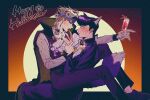  2boys alcohol animal_ears black_hair blood blood_on_hands braid cape claws collared_cape cross cross_necklace cup curly_hair diamond_wa_kudakenai drinking_glass full_moon green_eyes green_hair halloween headband higashikata_josuke highres jewelry jojo4_hd jojo_no_kimyou_na_bouken kishibe_rohan licking licking_hand male_focus moon multiple_boys necklace pompadour sparkle spill tail undercut vampire wine wine_glass wolf_ears wolf_tail 