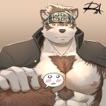  1boy abs ainu_clothes animal_ears bara bare_pectorals blush chest_hair furry furry_male grey_fur grey_hair headband headpat horkeu_kamui jacket jacket_on_shoulders large_pectorals male_focus multicolored_hair muscular muscular_male nipples no_shirt pectorals pov reclamon short_hair silver_hair solo_focus spoken_blush tokyo_afterschool_summoners two-tone_fur two-tone_hair white_fur wolf_boy wolf_ears yellow_eyes 