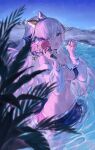  1girl :d anastasia_(fate) anastasia_(swimsuit_archer)_(fate) bare_shoulders bead_necklace beads bikini bikini_skirt black_bikini black_skirt blue_eyes blurry bow depth_of_field fate/grand_order fate_(series) hair_bow highres holding jewelry leaf long_hair long_sleeves looking_at_viewer mo_xiaoxue navel necklace off_shoulder ponytail ripples shooting_star skirt smile solo stomach swimsuit twilight very_long_hair wading water wet white_hair 