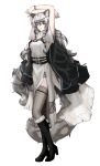  1girl animal_ear_fluff animal_ears arknights arms_up bangs bead_necklace beads belt belt_buckle black_belt black_cape black_footwear boots bracelet braid breasts buckle cape commentary cross-laced_slit dress english_commentary eyebrows_visible_through_hair full_body fur-trimmed_boots fur_trim grey_dress grey_eyes grey_hair grey_legwear hair_ornament head_chain high_heels highres jewelry knee_boots large_tail leopard_ears leopard_tail lim_aya_w long_hair looking_at_viewer multiple_belts necklace open_mouth pelvic_curtain pramanix_(arknights) short_sleeve_sweater short_sleeves side_slit sidelocks sideways_glance simple_background solo standing sweater sweater_dress tail thighhighs transparent_background turtleneck turtleneck_dress turtleneck_sweater twin_braids very_long_hair wavy_hair white_background 
