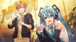  1boy 1girl :d arm_tattoo bangs bare_shoulders black_jacket blue_nails blue_necktie commentary_request cup cup_noodle cup_ramen detached_sleeves fork graffiti green_eyes hatsune_miku headphones headset highres holding holding_cup holding_fork hood hoodie jacket long_hair long_sleeves looking_at_viewer microphone multicolored_hair necktie number_tattoo official_art orange_hair project_sekai shinonome_akito shirt sidelocks smile squatting standing steam streaked_hair suzunosuke_(sagula) tattoo twintails upper_body very_long_hair vocaloid wall white_shirt yellow_hoodie 