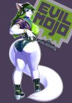  absurd_res anthro belt big_butt big_tail boots bracelet breasts butt canid canine chain clothing conditional_dnp female footwear fox fur green_hair hair headphones hi_res high_heels jewelry logo looking_at_viewer mammal panties ring salt_(paladins) simple_background solo underwear white_body white_fur xopachi 