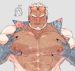  1boy abs aegir_(housamo) alternate_pectoral_size anchor_earrings aqua_hair bara bare_pectorals beard blue_eyes dark-skinned_male dark_skin earrings eyewear_on_head facial_hair hawaiian_shirt jewelry large_pectorals looking_at_viewer male_focus manboobs mature_male multicolored_hair muscular muscular_male nipples open_clothes open_shirt pectoral_focus pectoral_lift pectoral_squeeze pectorals saturday_(hokawazu) shirt short_hair single_earring solo streaked_hair sunglasses tokyo_afterschool_summoners upper_body white_hair 