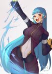  1girl absurdres bakionn bangs belt blue_hair bodysuit breasts cowboy_shot eyebrows_visible_through_hair gloves highres ice kula_diamond large_breasts long_hair looking_at_viewer purple_eyes signature simple_background smile the_king_of_fighters the_king_of_fighters_xv white_background 