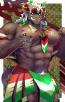  1boy animal_ears bara between_pectorals blush brown_fur bulge cow_ears cow_horns cow_tail cowboy_shot furry furry_male highres horns k0bit0wani large_pectorals long_hair looking_at_viewer male_focus male_lactation male_pubic_hair minotaur muscular muscular_male navel nipples nose_piercing nose_ring original over_shoulder pectoral_lift pectorals pelvic_curtain piercing pubic_hair revealing_clothes scar scar_on_arm seductive_smile smile smirk solo stomach sweatdrop tail thick_thighs thighs topless_male weapon weapon_over_shoulder white_hair 