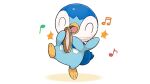  blush closed_eyes commentary_request happy instrument leg_up motion_lines music musical_note no_humans official_art open_mouth piplup playing_instrument pokemon pokemon_(creature) project_pochama solo standing standing_on_one_leg tambourine toes tongue white_background 