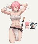  2girls ? abs absurdres alchemy_stars armpits arms_up bandaged_arm bandaged_neck bandages bandeau bangs belt black_belt breasts chest_sarashi commentary cropped_legs fundoshi grey_background hair_between_eyes hair_tie_in_mouth highres hiiro_(alchemy_stars) japanese_clothes katana kimmy_tsunami medium_breasts midriff mouth_hold multiple_girls muscular navel one_eye_closed pink_hair purple_eyes sarashi sharona_(alchemy_stars) short_hair simple_background standing stomach strapless sword thighs tube_top weapon wrist_wrap 