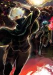  1boy 1girl 6+others absurdres arm_up black_pants black_shirt blue_hair covered_mouth crowd feet_out_of_frame glowing glowing_eyes grey_hair hair_over_one_eye highres hood hood_up kagune_(tokyo_ghoul) kaneki_ken kirishima_touka kyuuba_melo light long_sleeves looking_at_viewer multiple_others pants red_background red_eyes shiny shiny_hair shirt short_hair tokyo_ghoul tokyo_ghoul:re 