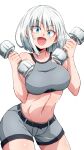  1girl aono3 blue_eyes blush bra breasts dumbbell dumbbell_nan_kilo_moteru? eyebrows_visible_through_hair gina_boyd grey_bra grey_shorts grey_sports_bra highres large_breasts looking_at_viewer navel open_mouth short_hair shorts smile solo sports_bra toned underwear white_hair 