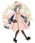  1girl alternate_costume bag bangs beret black_footwear blue_hair closed_mouth dress floral_background full_body grey_eyes grey_hair hair_between_eyes hat high_heels highres kantai_collection kiyoshimo_(kancolle) long_hair long_sleeves looking_at_viewer low_twintails multicolored_hair outstretched_arms pantyhose pink_dress pink_headwear plaid plaid_bag plaid_legwear puffy_sleeves shoes shoulder_bag solo standing twintails very_long_hair yknk777 