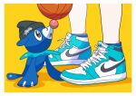  1other :o balancing_ball baseball beanie black_eyes black_headwear border commentary_request hat hatted_pokemon highres open_mouth pokemon pokemon_(creature) popplio saiku_(zvlku) shoes sneakers standing tongue white_border yellow_background 