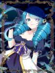  1girl ahoge aoi_(kiyokiyoaomushi) bangs black_bow black_gloves blue_eyes bow breasts cleavage collarbone commentary_request cowboy_shot drill_hair eyebrows_visible_through_hair gloves green_hair gwen_(league_of_legends) hair_bow highres large_breasts league_of_legends long_hair looking_at_viewer shiny shiny_hair smile solo star-shaped_pupils star_(symbol) swept_bangs symbol-shaped_pupils 