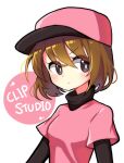  1girl baseball_cap blush brown_eyes brown_hair closed_mouth expressionless eyebrows_visible_through_hair hat long_sleeves looking_at_viewer pink_headwear pitcher_(rhythm_tengoku) rhythm_tengoku s2offbeat short_hair solo upper_body 