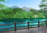  blue_sky day fence lake landscape mountain no_humans original outdoors scenery signature sky spring_(season) suupii tree 