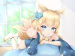  absurdres animal_ears azur_lane bell blue_kimono boots eyebrows_visible_through_hair fox_ears fox_tail hair_between_eyes highres indoors japanese_clothes jingle_bell kimono kitsune looking_at_viewer lying multiple_tails niizuki_(azur_lane) off-shoulder_kimono on_stomach tail thick_eyebrows thigh_boots thighhighs vldjm13 white_footwear window 